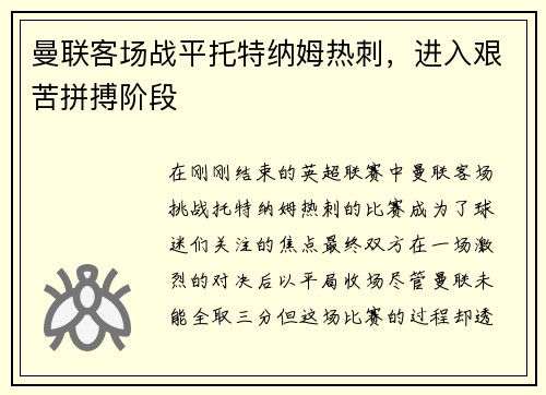 曼联客场战平托特纳姆热刺，进入艰苦拼搏阶段